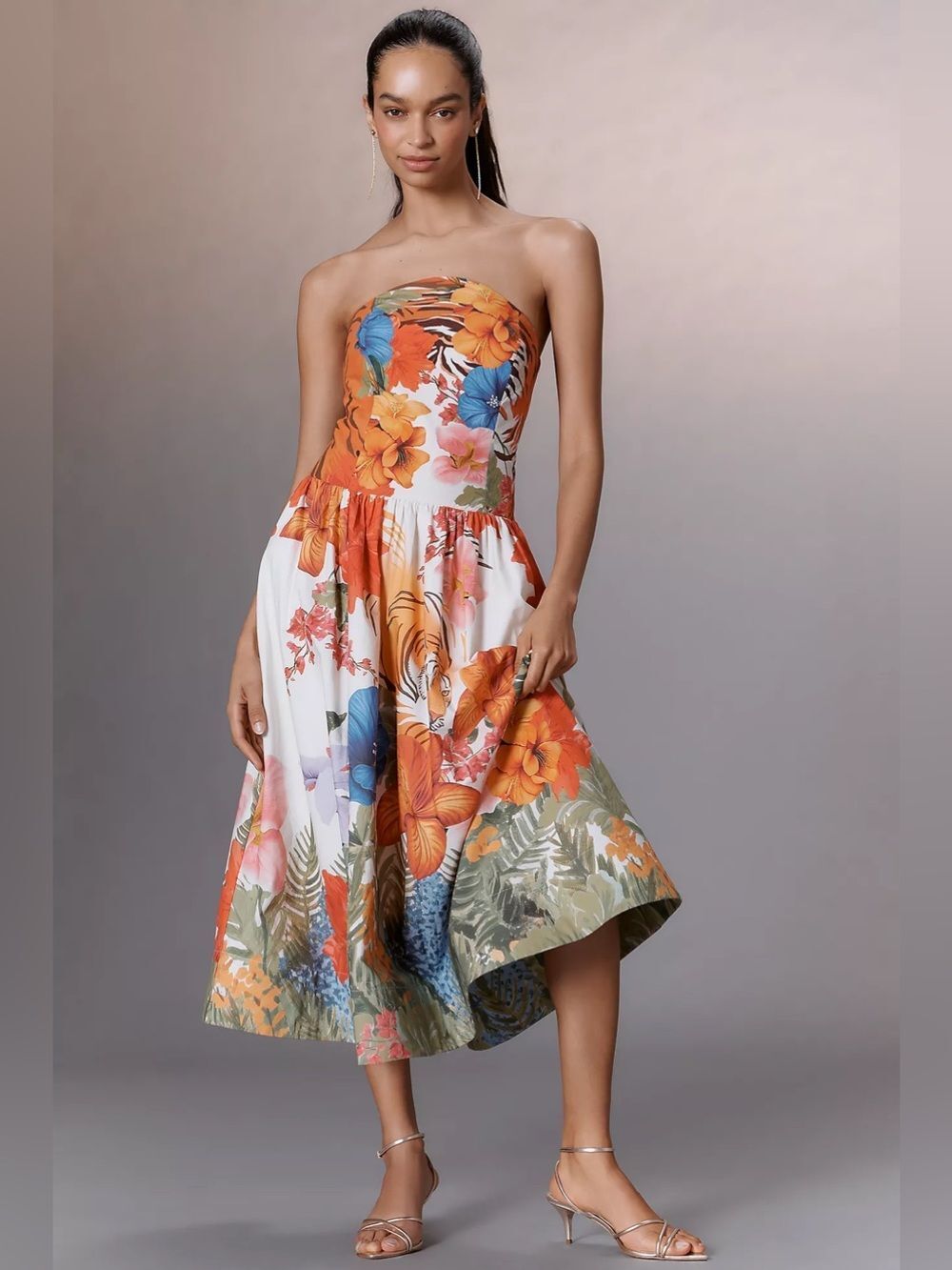 Anthropologie Maeve Strapless Tiger Printed Midi Dress Size XL